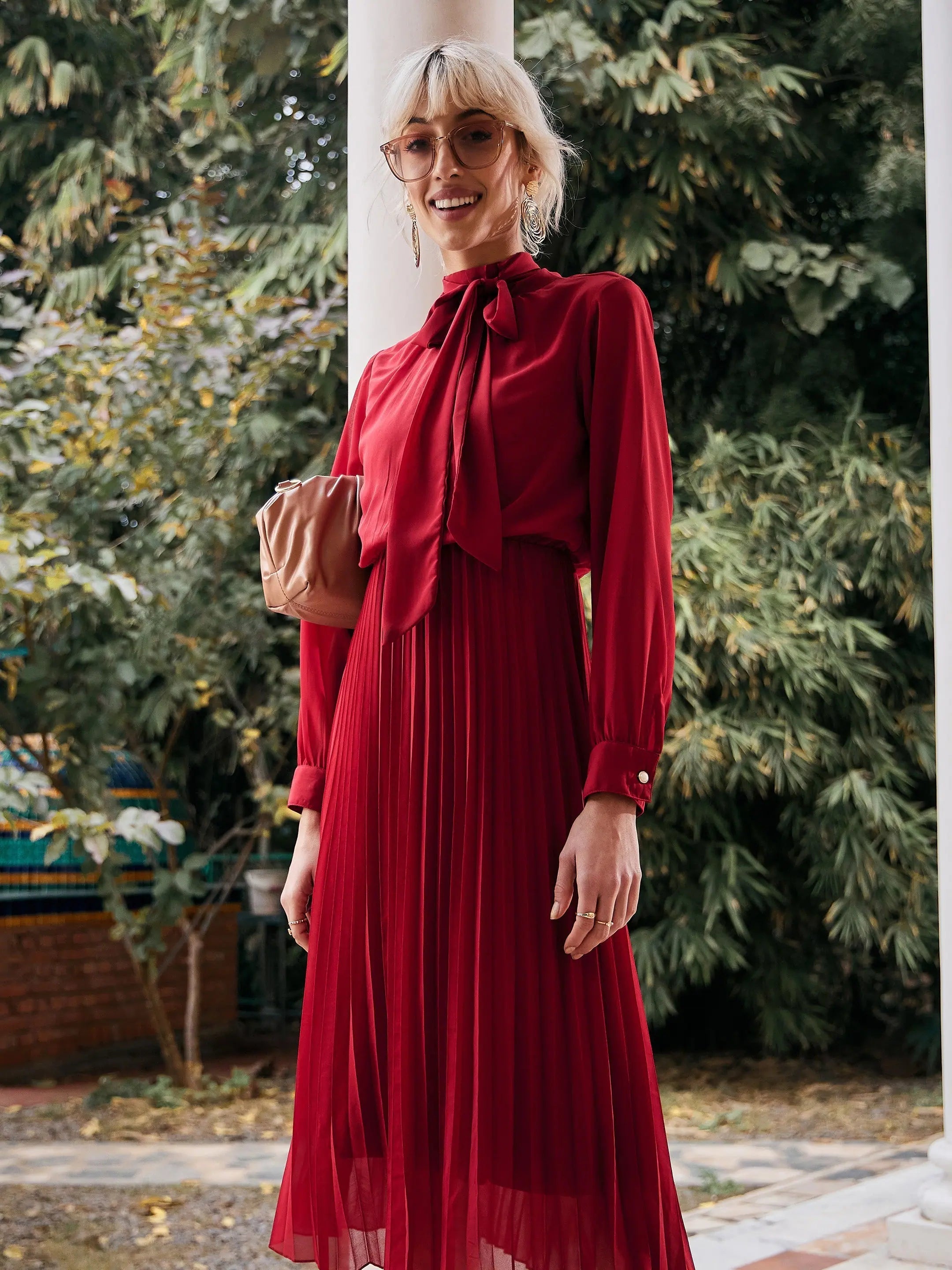 Athleisure Wear Women Maroon Tie-Up Neck Accordion Pleated Dress