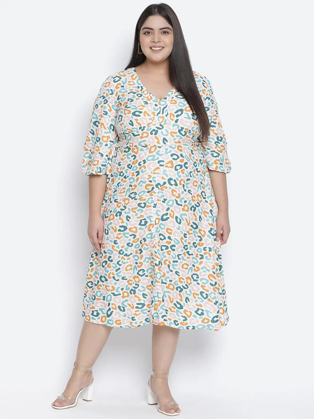 Casual Fashion Rom pom animal print button - down plus size women dress