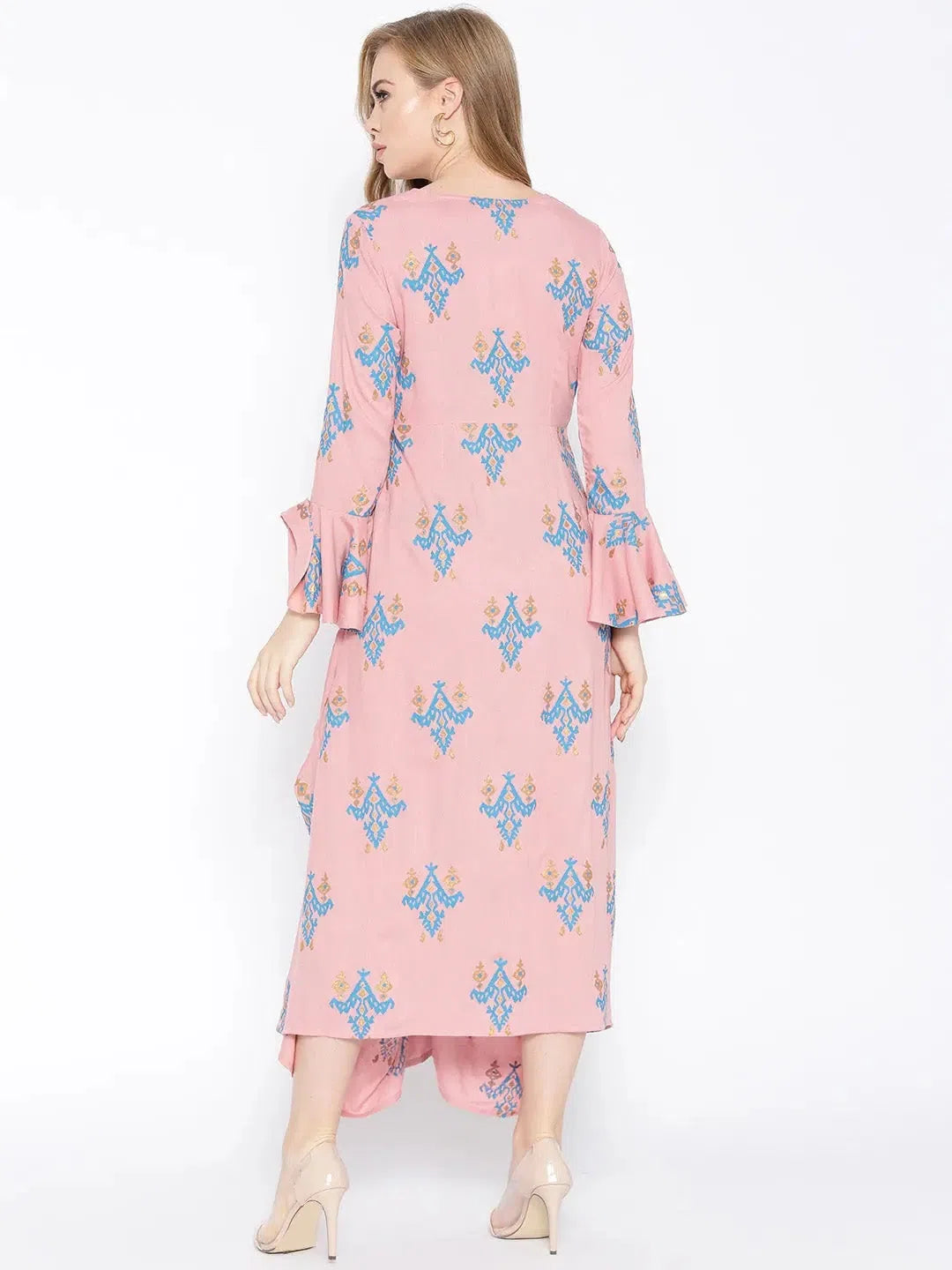 Relaxed Style Bell Sleeve ikat print Long dress with front drape in Dusty Pink
