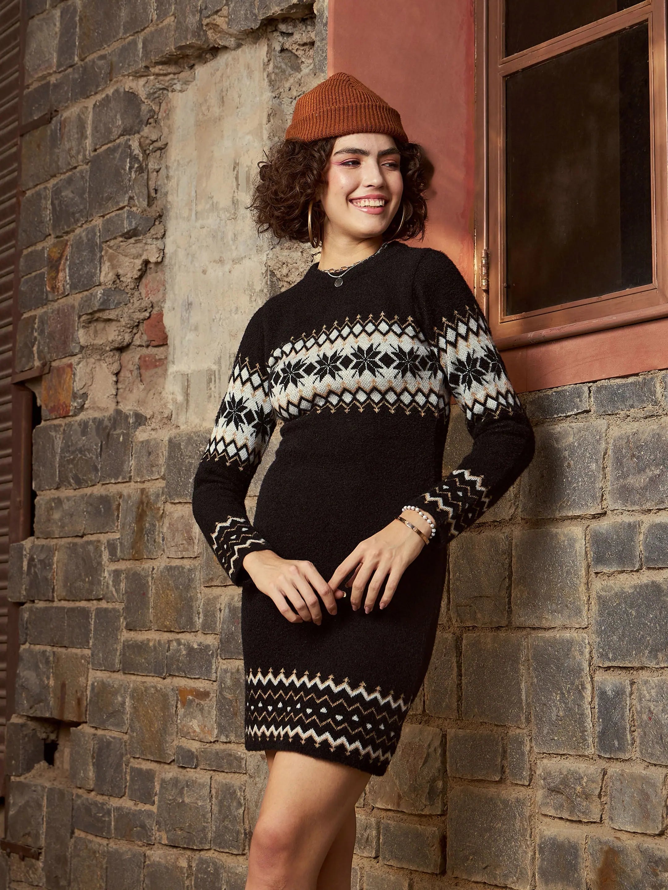 Online Boutique Clothing Women Black Geo Border Woolen Sweater Dress