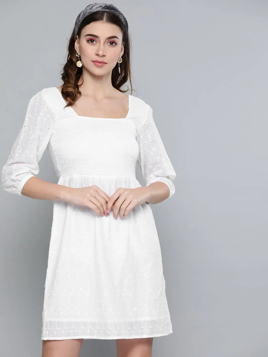 Casual Dresses for Women White Schiffli Smocking Skater Dress