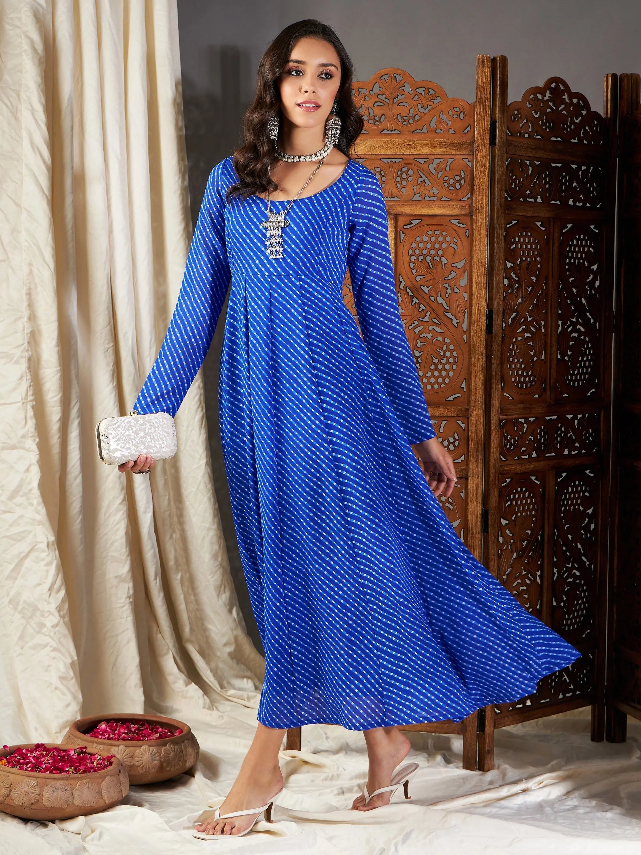 Women's Elegant Formal Outfit Women Blue Lehariya Anarkali Dress