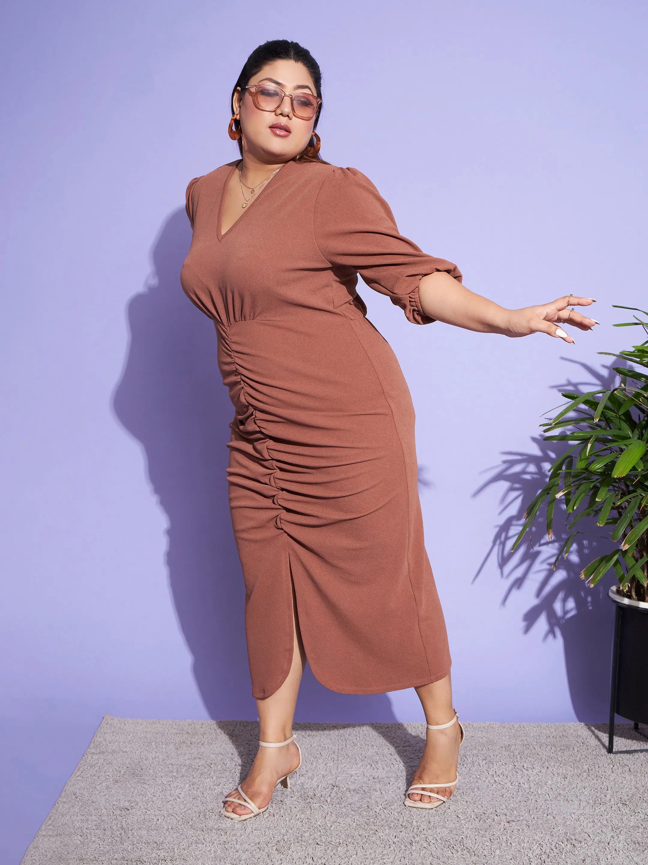 Women's Clothes Women Brown Solid Front Ruched Dress