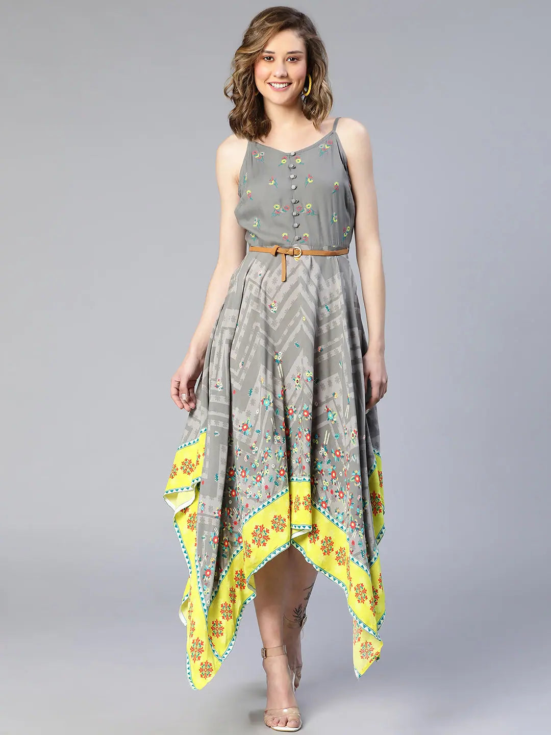 Chic Women's Outfit Ideas Women grey border printed high-low viscose dress