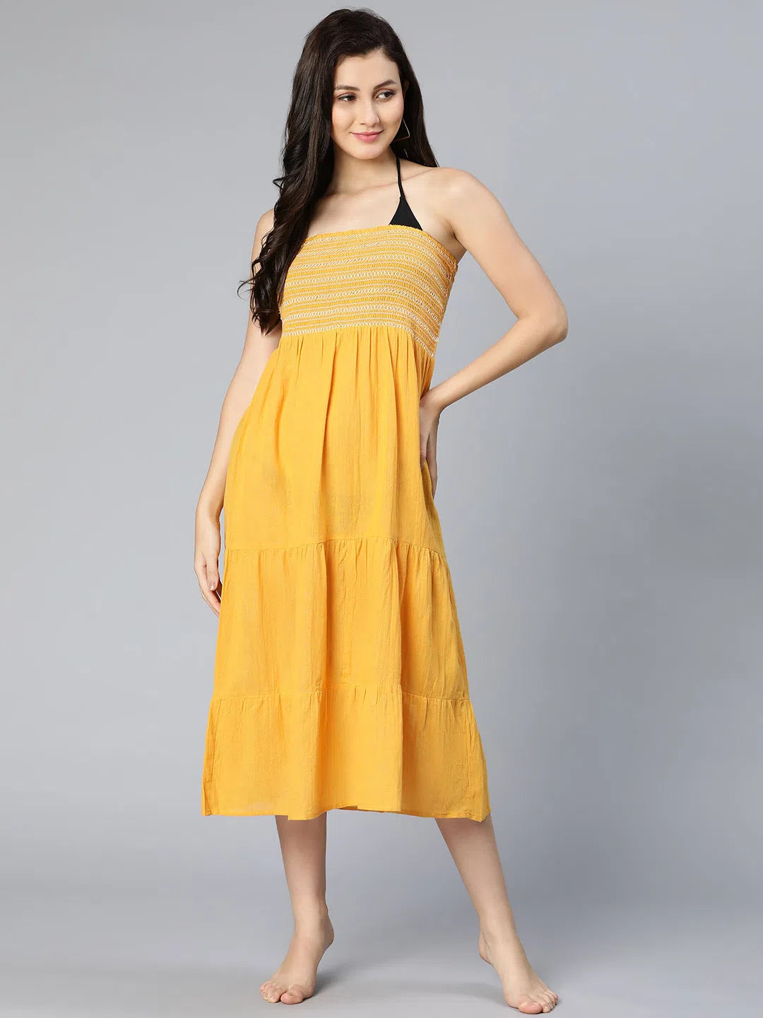 Elegant Fashion Mustrard color elasticated off -shoulder women beachwear dress