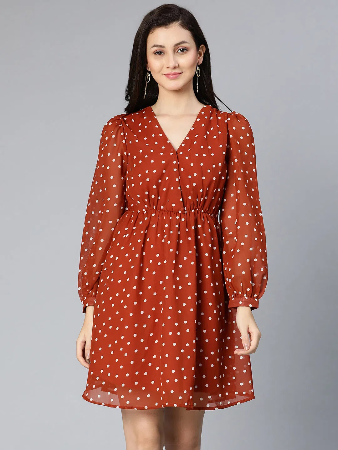 Women's Seasonal Clothing Jizzle polka print rust color elasticated women dress