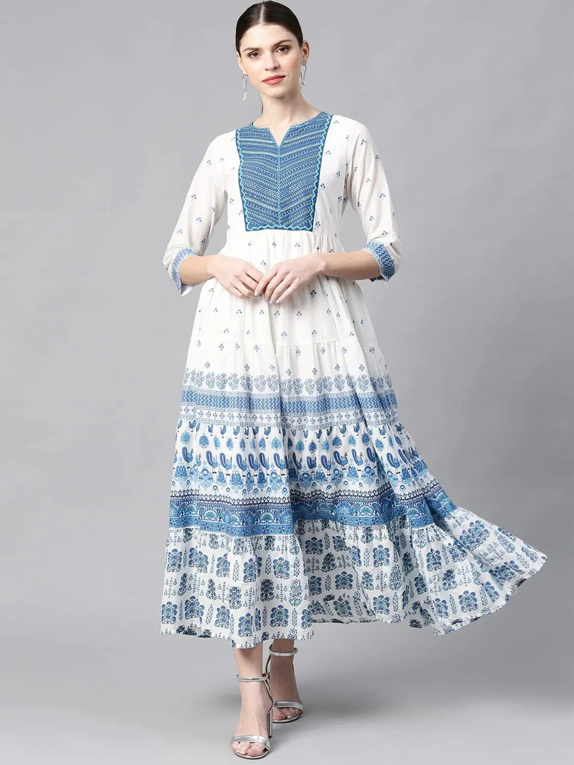 Women's Trendy Casual Outfit Juniper Blue Cotton Printed Tiered Dress