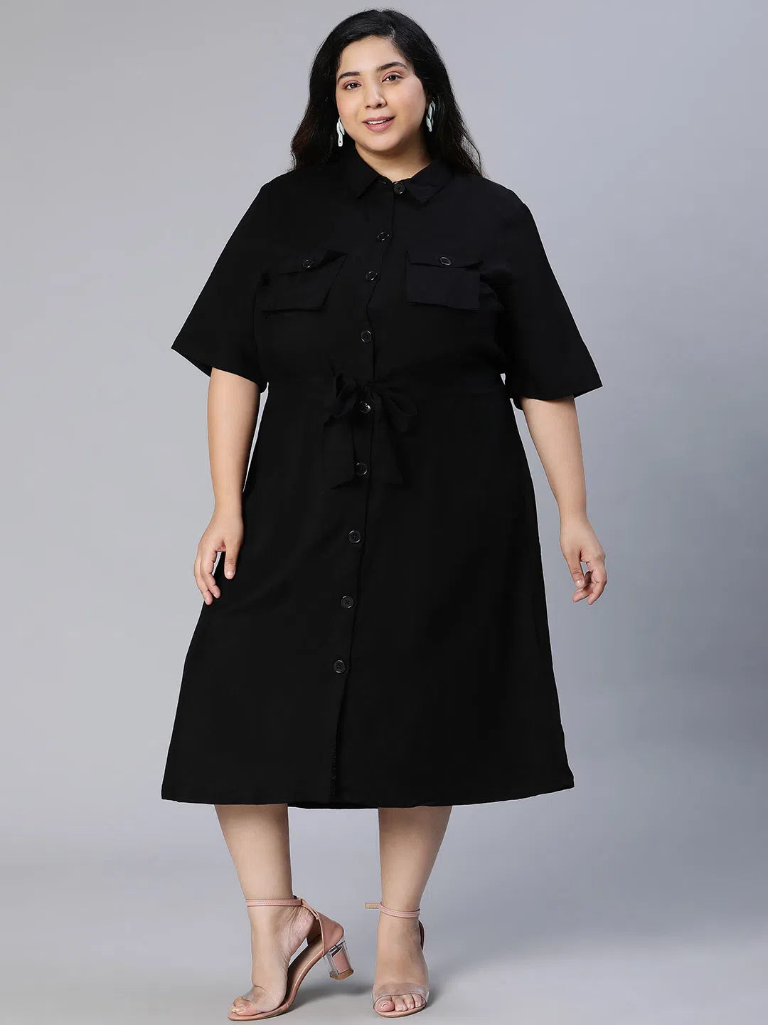 Women's Clothing Sale Candid black button-down plus size Linen Blend dress