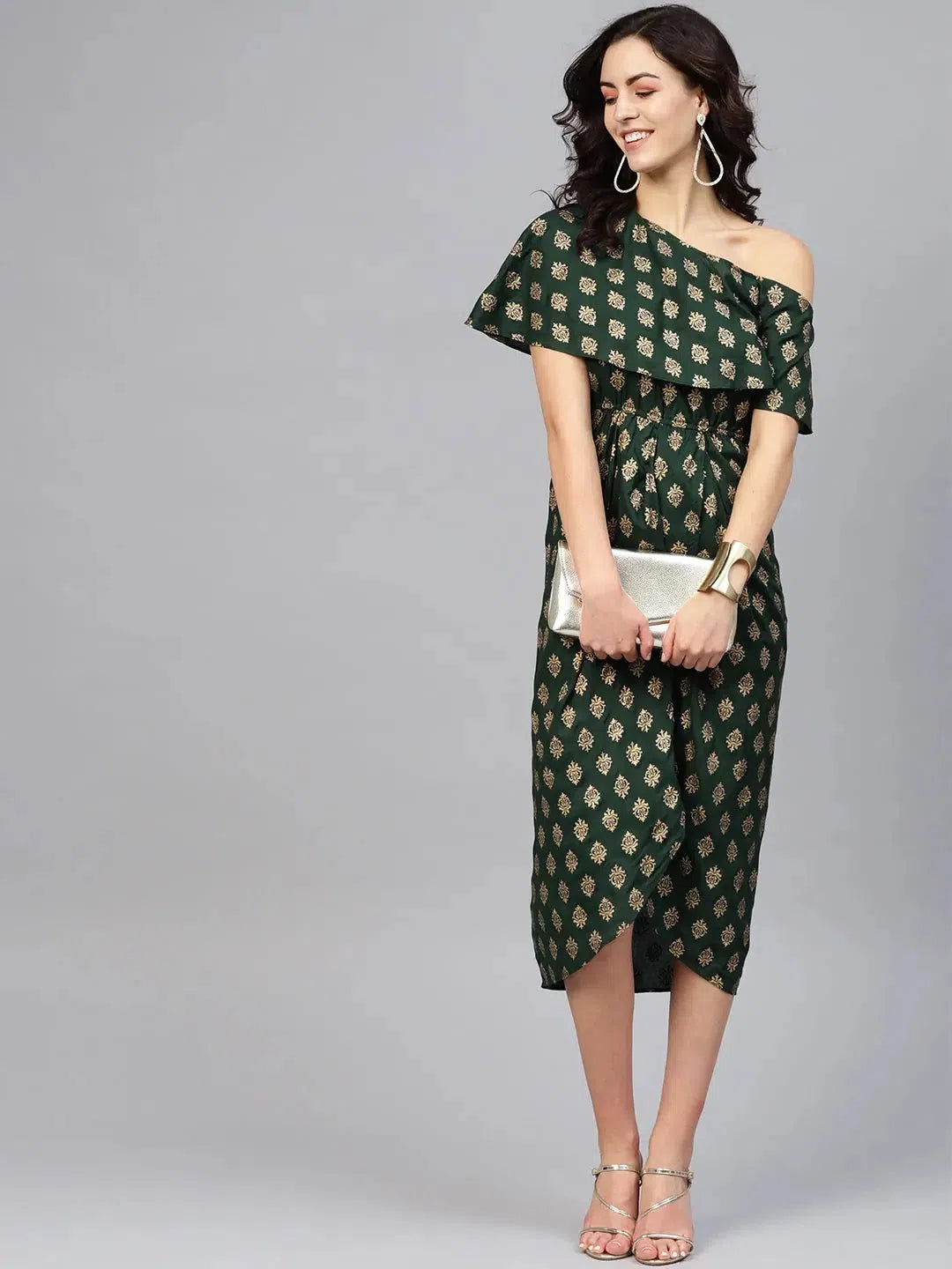 Women's Fashion Clothing One Shoulder yoke overlap printed dress in Bottle Green