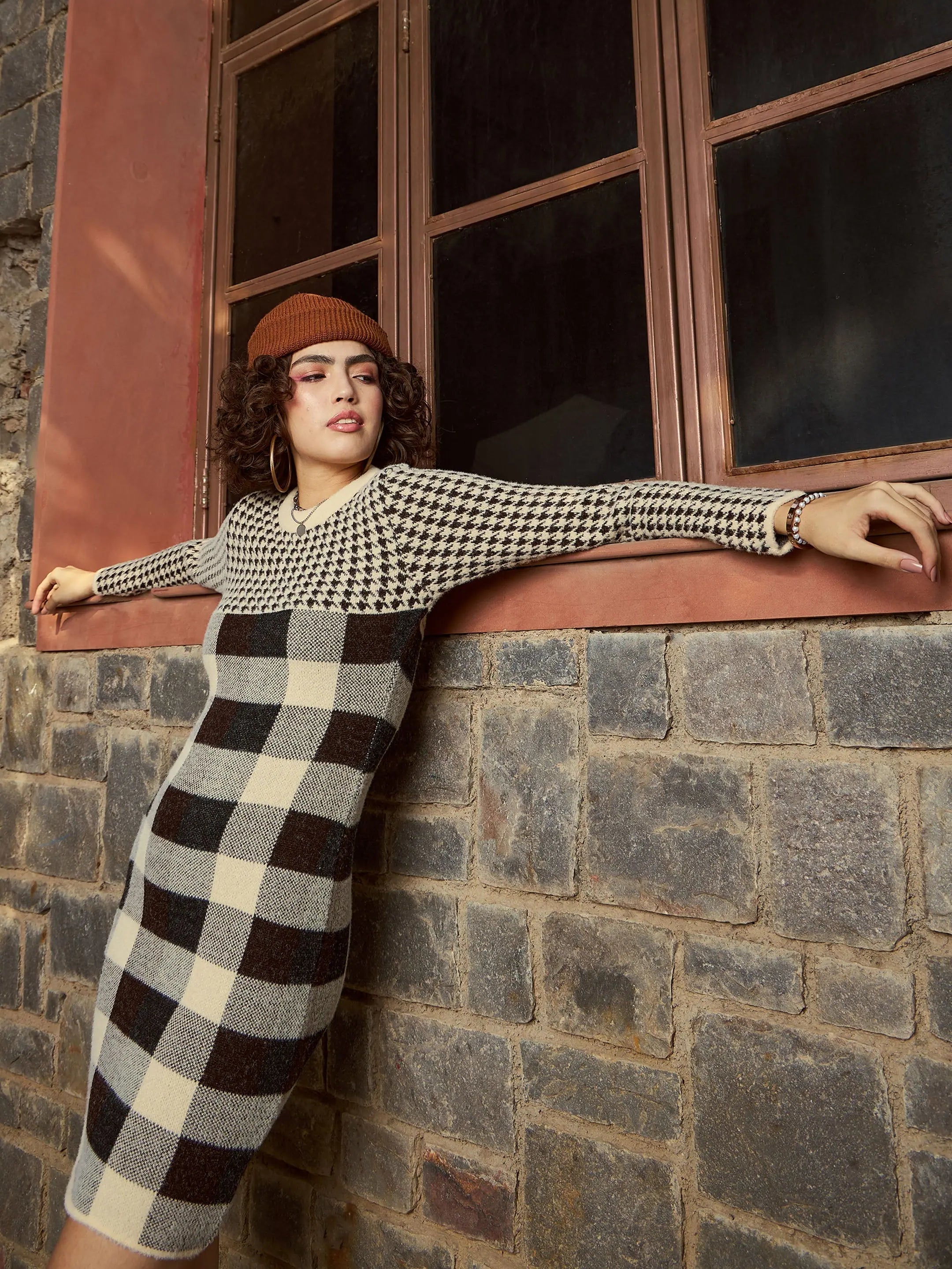 Elegant Women's Clothing Online Women Beige Check Woolen Sweater Dress