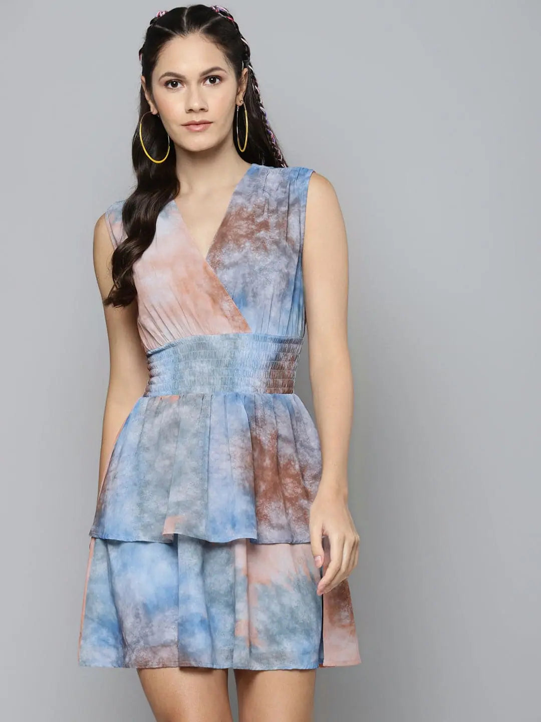 Sale For Women Blue & Brown Tie-Dye Print Smocking Dress