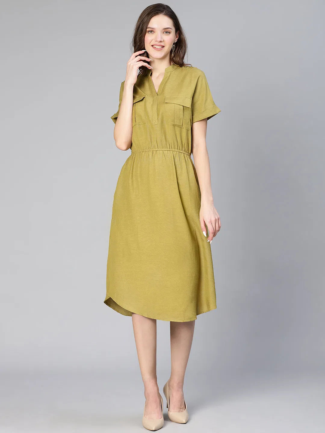 Evening Elegance Fair Green Elastiacted Women Cotton Dress
