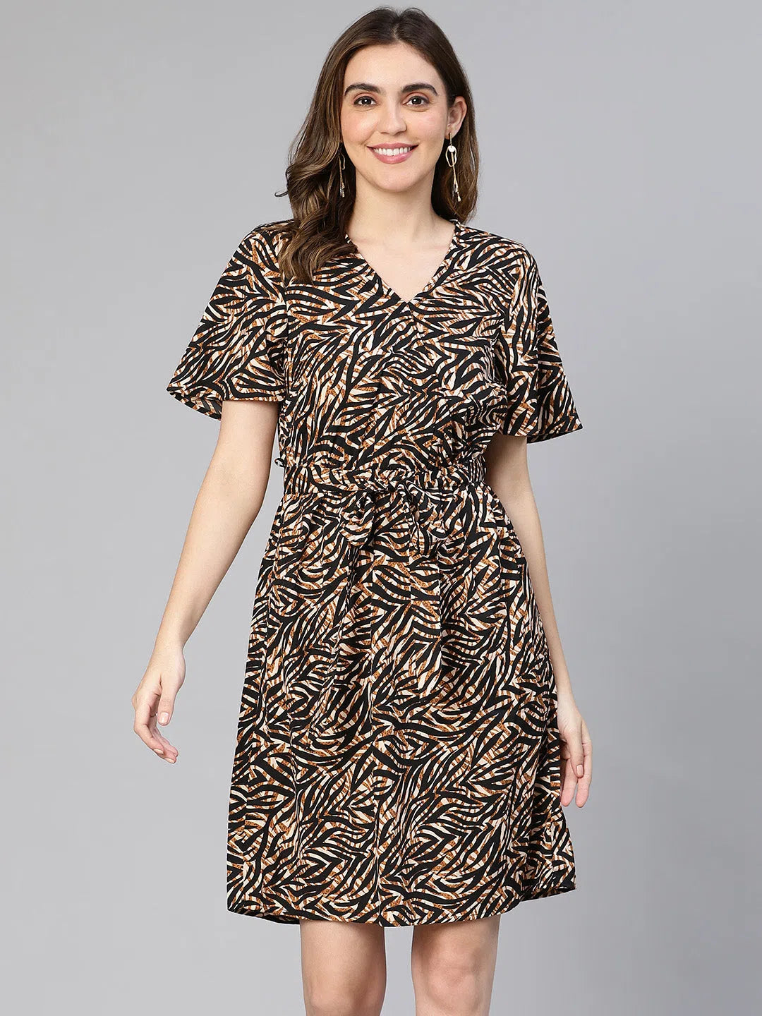 Sales For Clothes Women brown animal print belted polyester dress