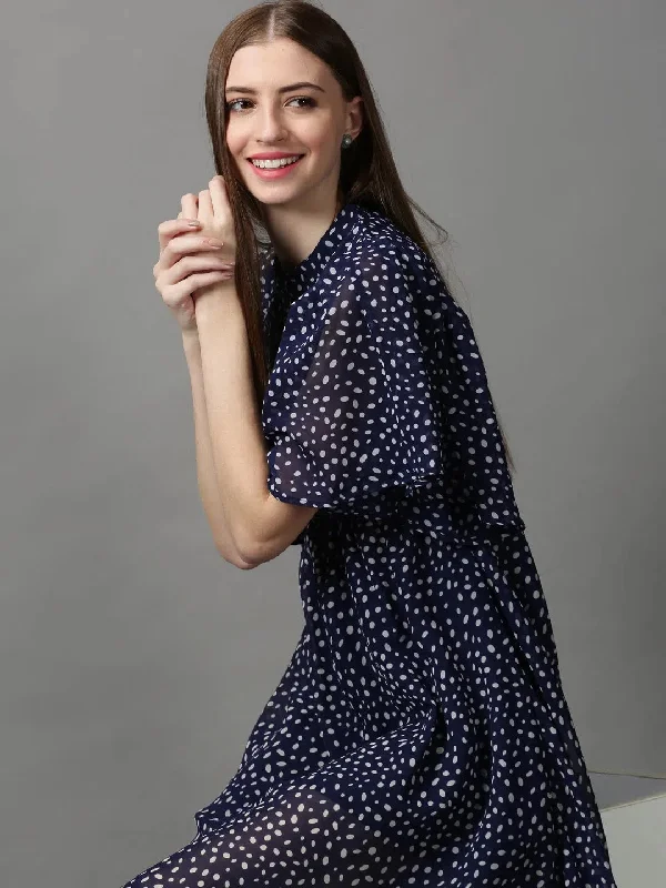 Women's Clothing Sets Women's Blue Printed Fit and Flare Dress-AE-7071-Navyblue