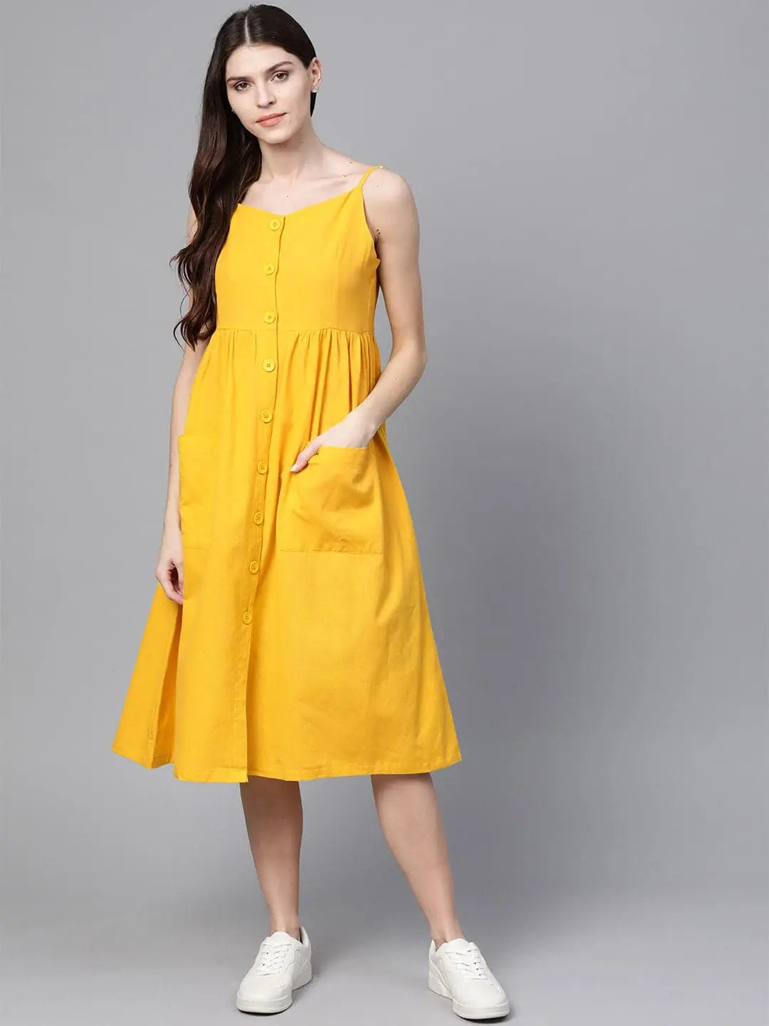 Women's Clothing for All Occasions Yellow Front Open Strappy Dress