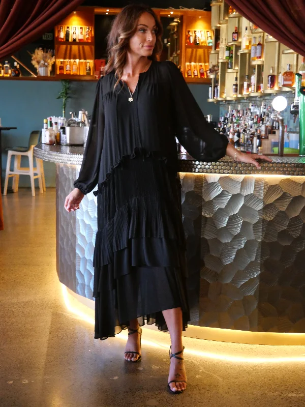 Women Online Clothing Boutiques Jane James Rosalie Micropleat Tiered  Dress Black