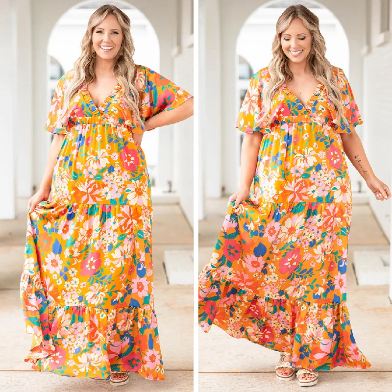 Stylish Everyday Clothing Walking Through Flowers Dress, Orange