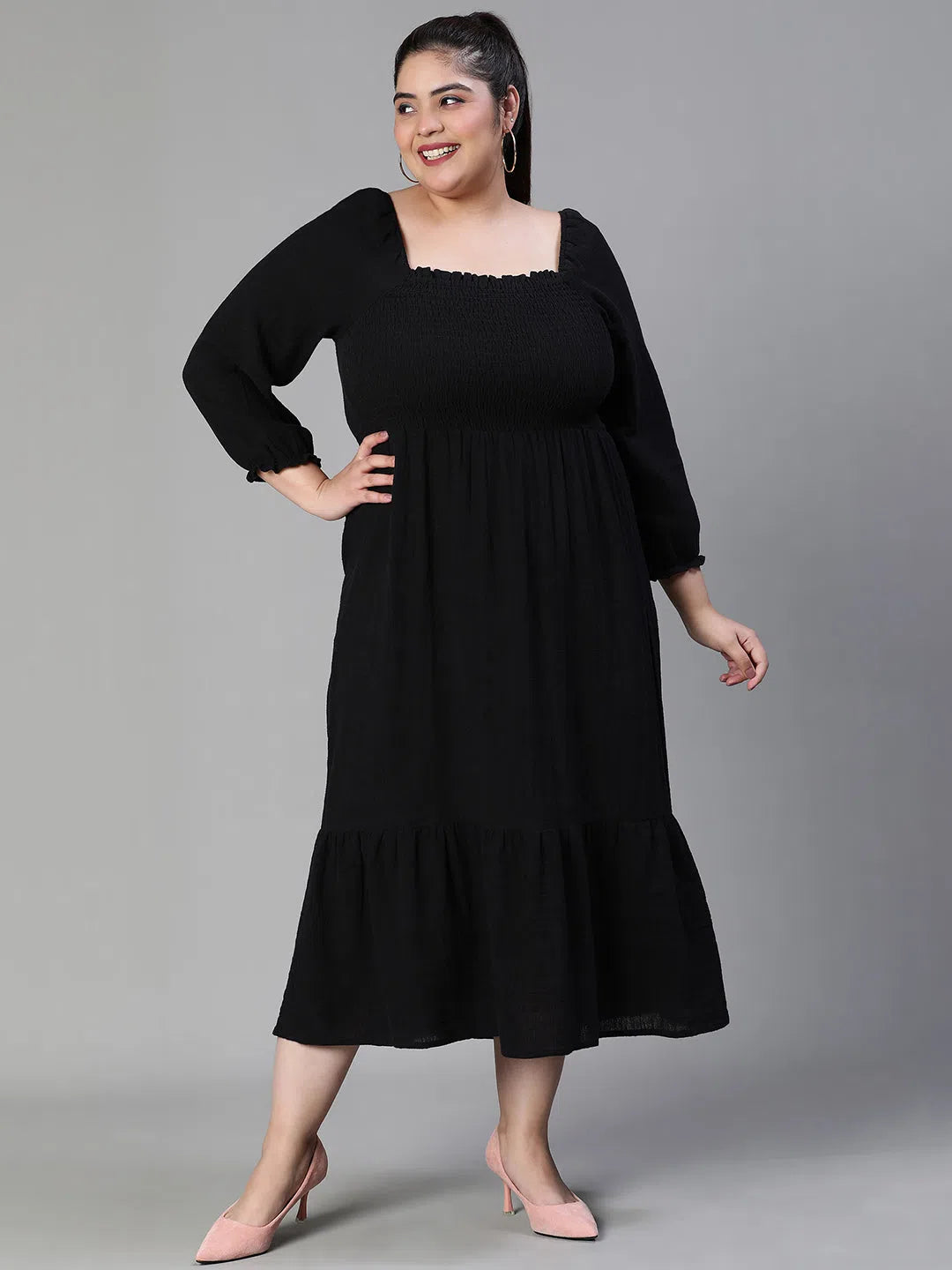 Women's Transitional Outfit Women Plus Size Smocked Square Neck Cotton Black Dress-S23412PDR002