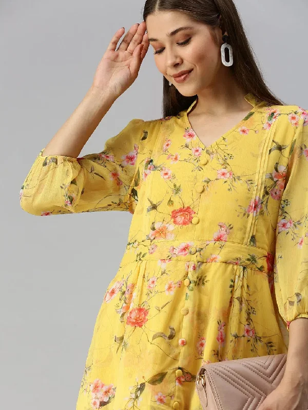 Women's Trendy Casual Outfit Women's Yellow Printed Fit and Flare Dress-DW-1244-Yellow