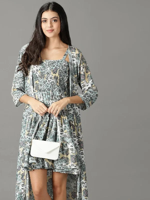 Workwear Fashion for Women Women's Sea Green Printed Fit and Flare Dress-AE-15892-Seagreen