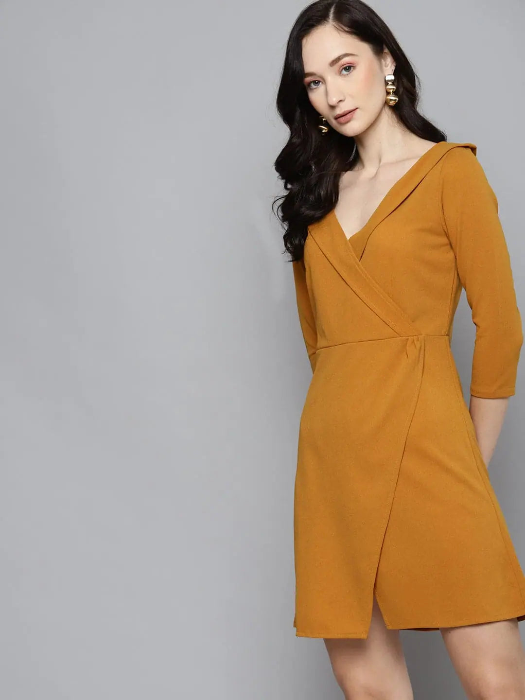 Outfits For Women Mustard V Neck Skater Dress