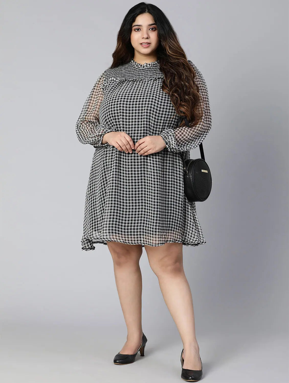 Women's Active Clothing Buzzing Black Check Print Plus Size Women Ruffle Dress