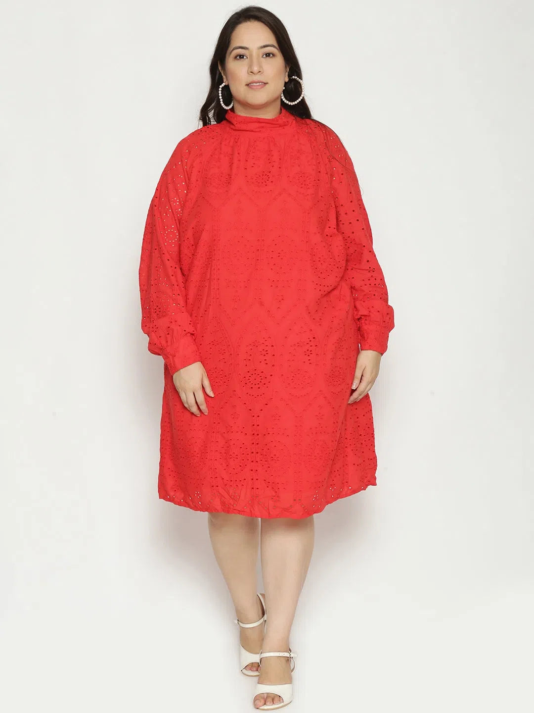Fashionable Women's Clothes Scarlet Red Plus Size Schiffli Dress