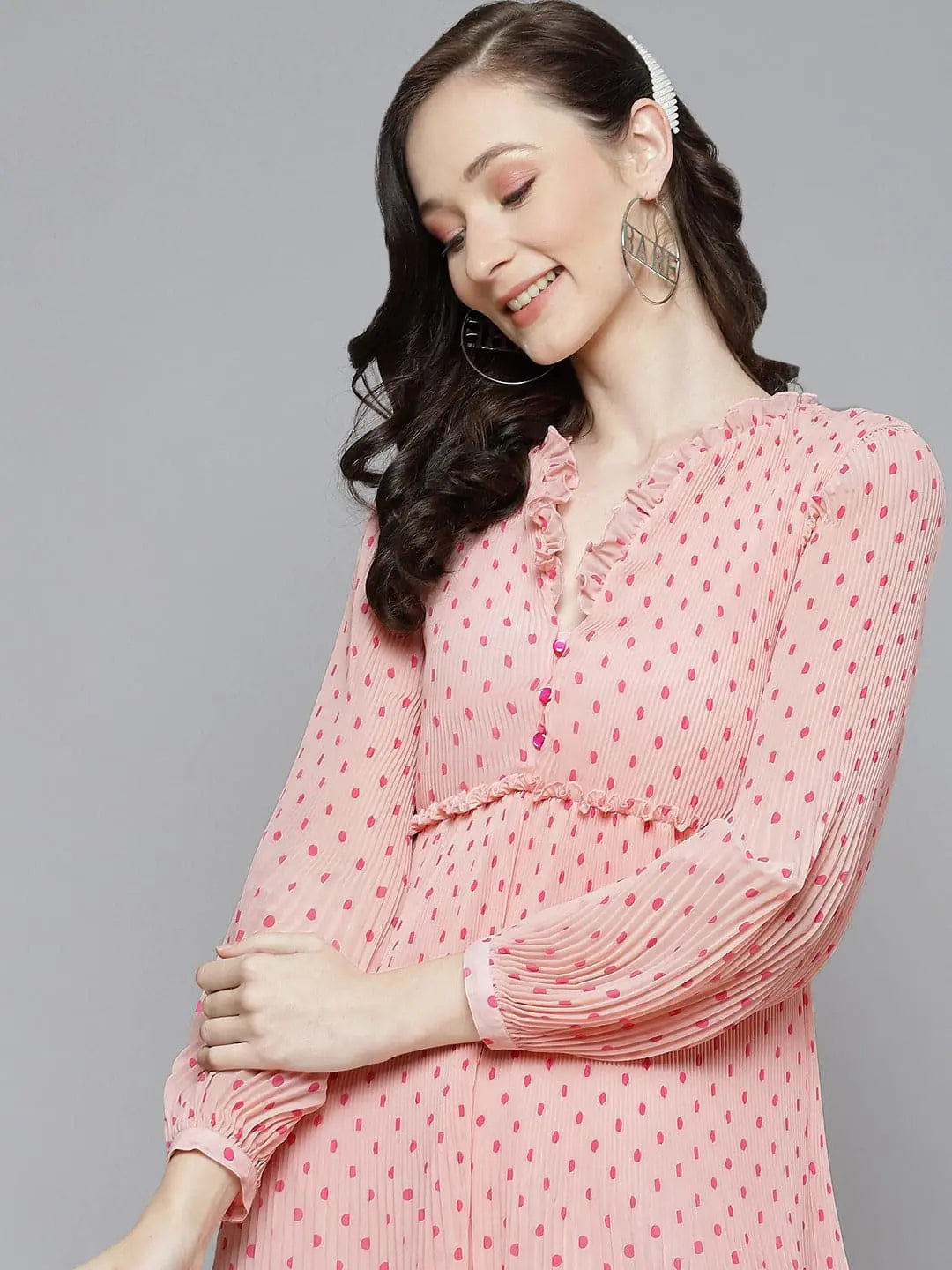 Women's Formal Clothes Women Pink With Fuchsia Polka Dot Pleated Dress