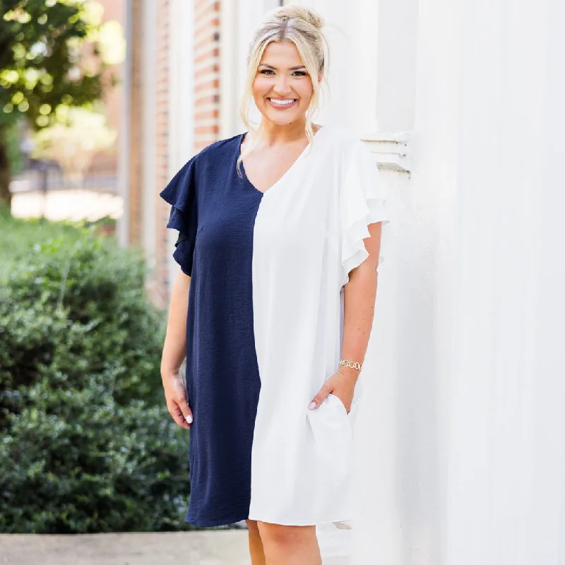 Bold Fashion Saturday Best Dress, Navy-White