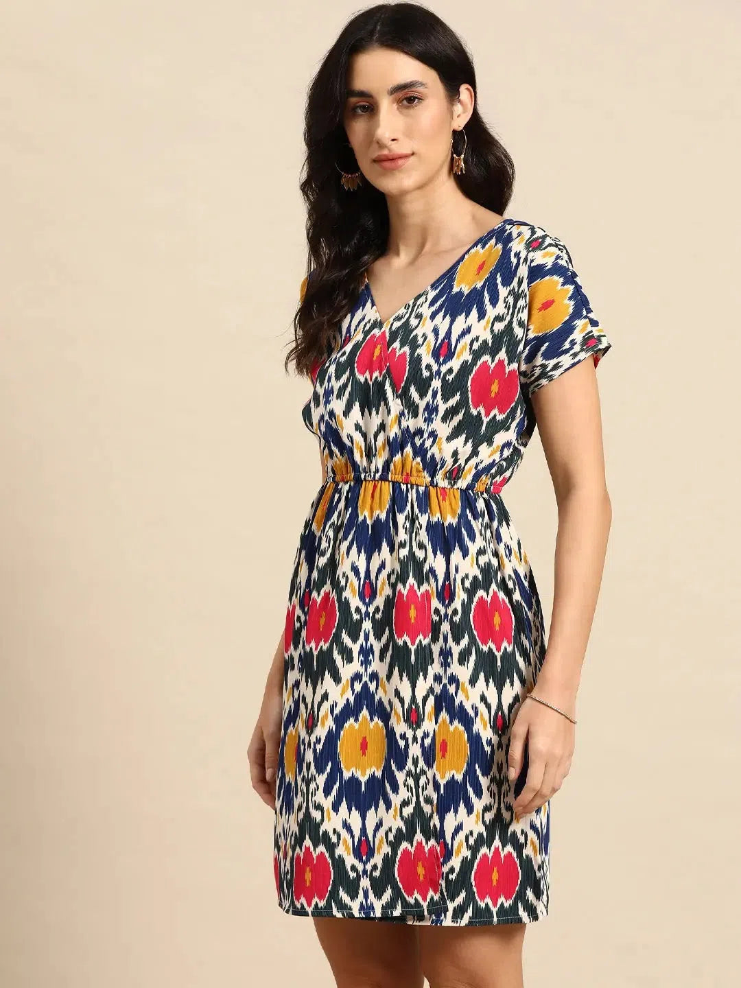 Women's Professional Garments Overlap printed kimono sleeve short dress in Blue and Pink Ikkat Print