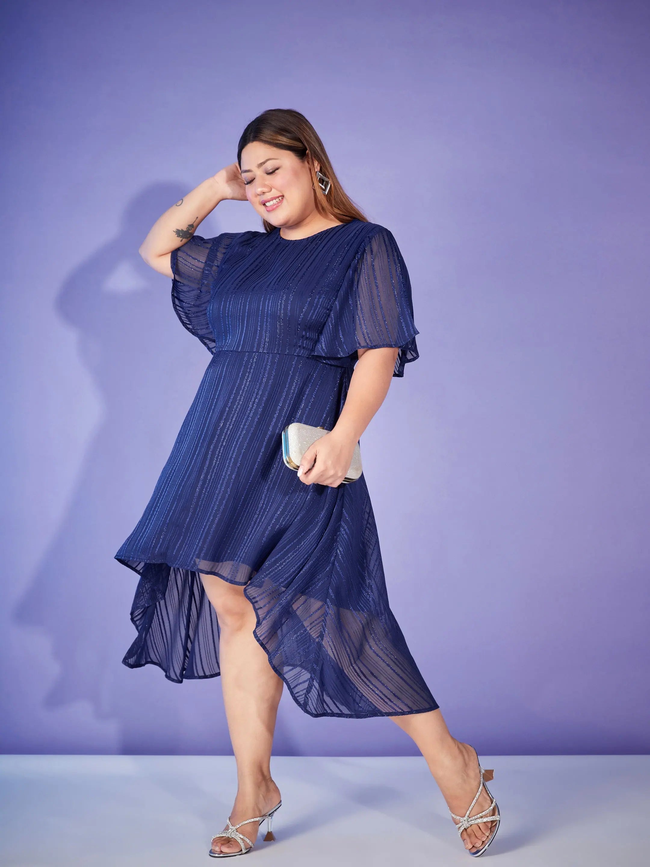 Women's Everyday Garments Women Navy Lurex High Low Dress