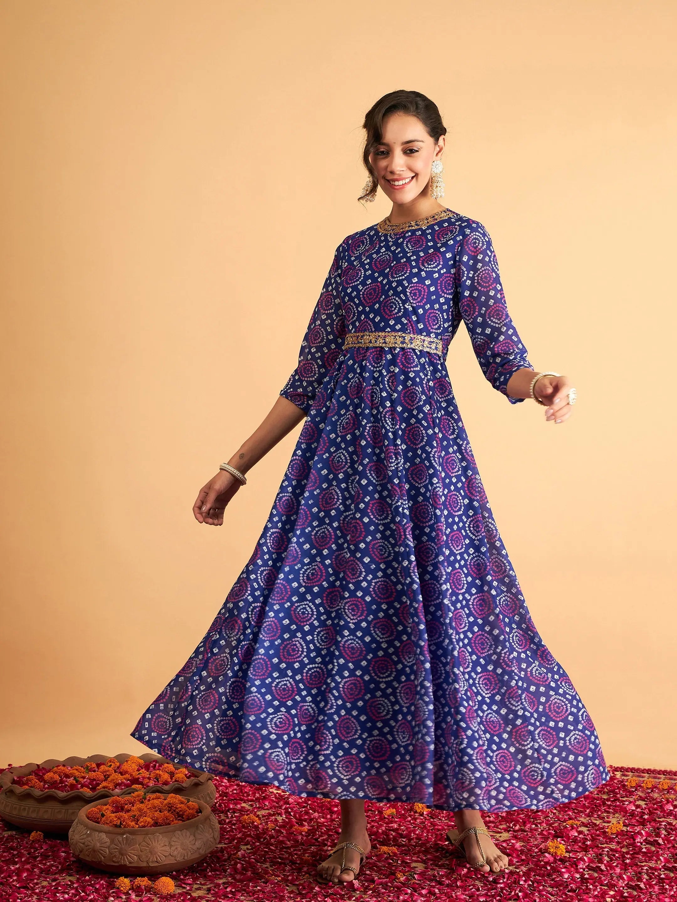 Sales Clothes Women Royal Blue & White Bandhej Anarkali Dress