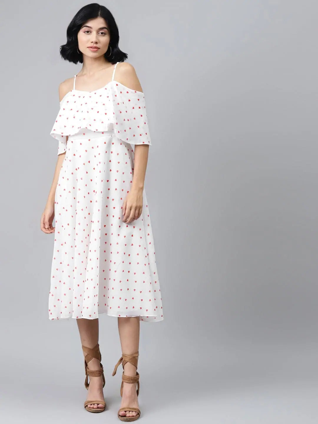 Affordable Fashion Clothing For Women White Strappy Red Hearts Cold Shoulder Dress