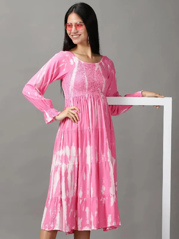 Relaxed Style Women's Pink Tie Dye Fit and Flare Dress-ON-9-Pink