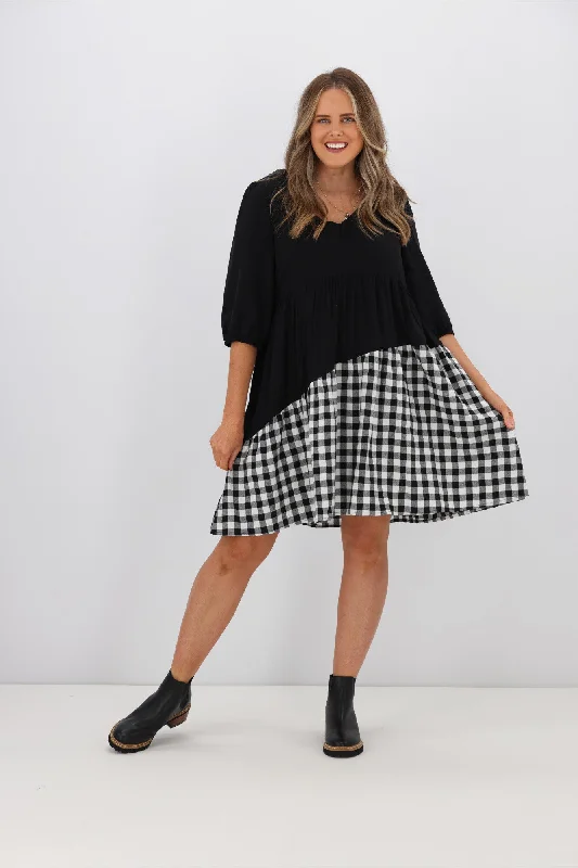 Chic Women's Clothing Silver Wishes Gingham Contrast Angle Tiered Dress Black