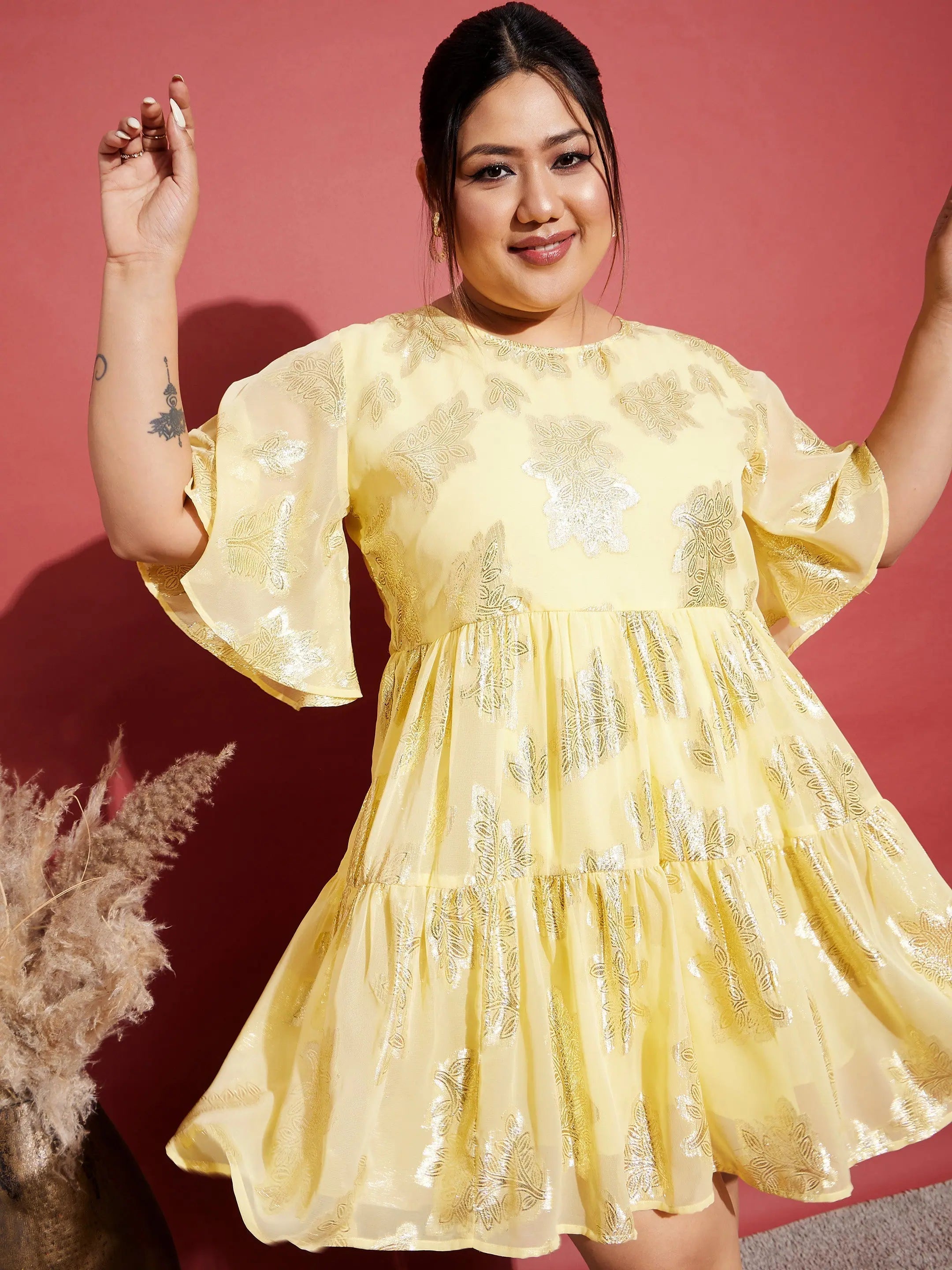 Trendy Women's Apparel Women Yellow Jacquard Tiered Dress