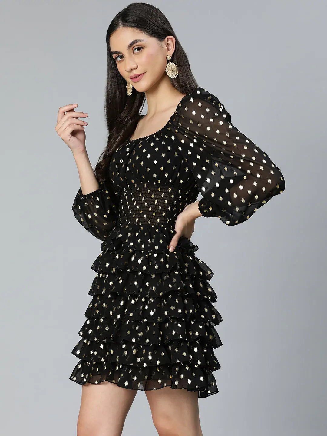 Trendy Women's Fashion All-Rounder Black Smocked Foil Print Women Party Wear Dress