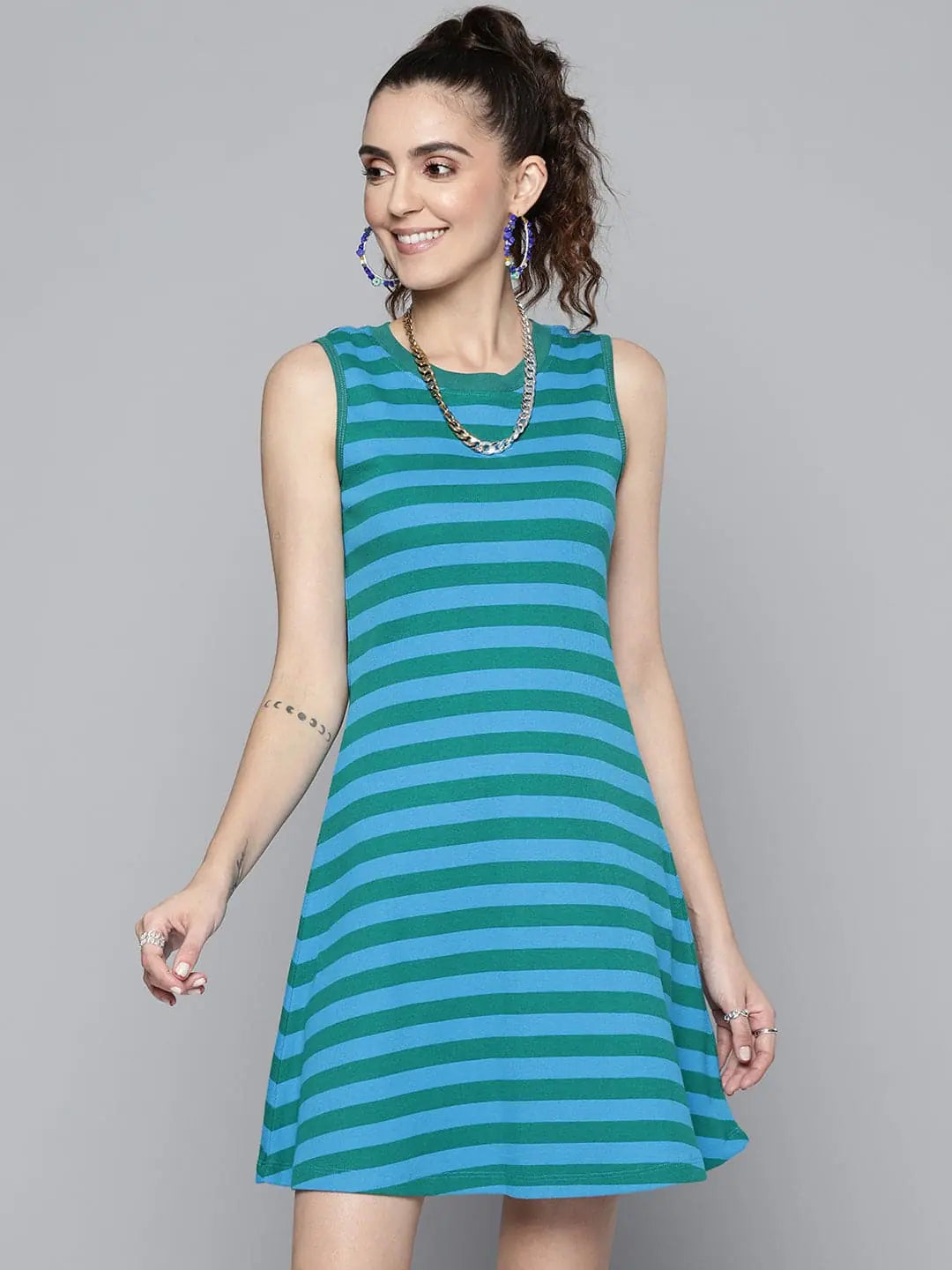 Casual and Comfortable Outfits Women Green & Blue Rib A-Line Dress