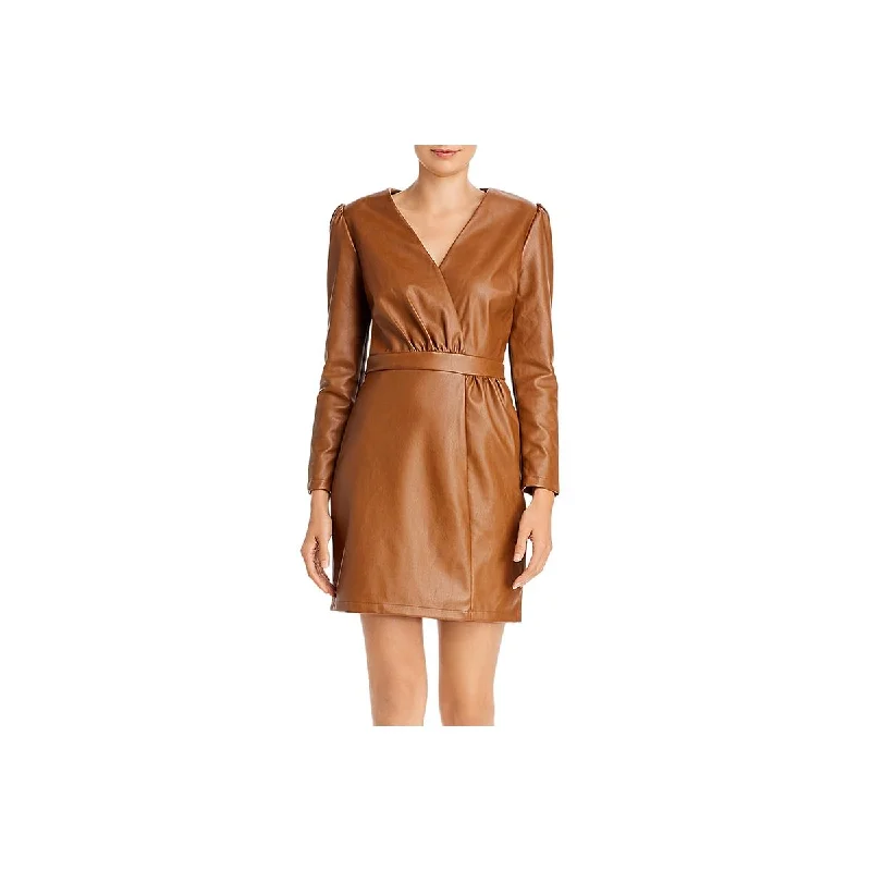 Elegant Women's Fashion Lucy Paris Womens Faux Leather Puff Sleeves Cocktail Dress