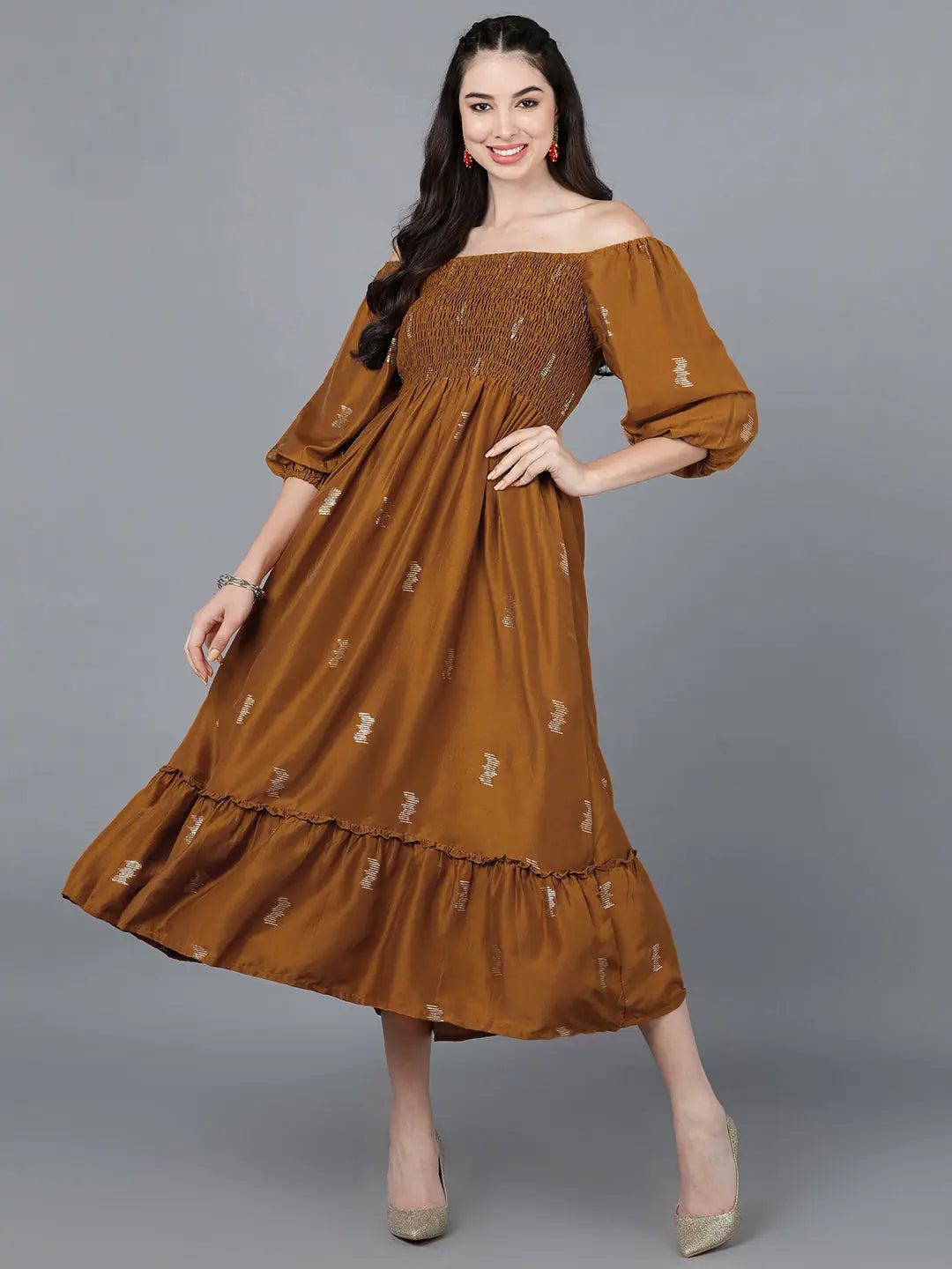 Glamorous Evening Wear Ahika Women Mustard Poly Silk Embellished Dress