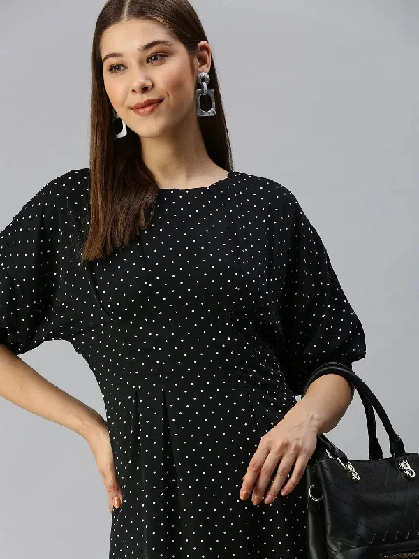 Women's Clothes Women Black Printed A-Line Dress-AE-9894-Blackwhite