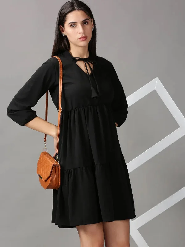 End Of Season Sale Clothing Women's Black Solid Fit and Flare Dress-AE-15710-Black