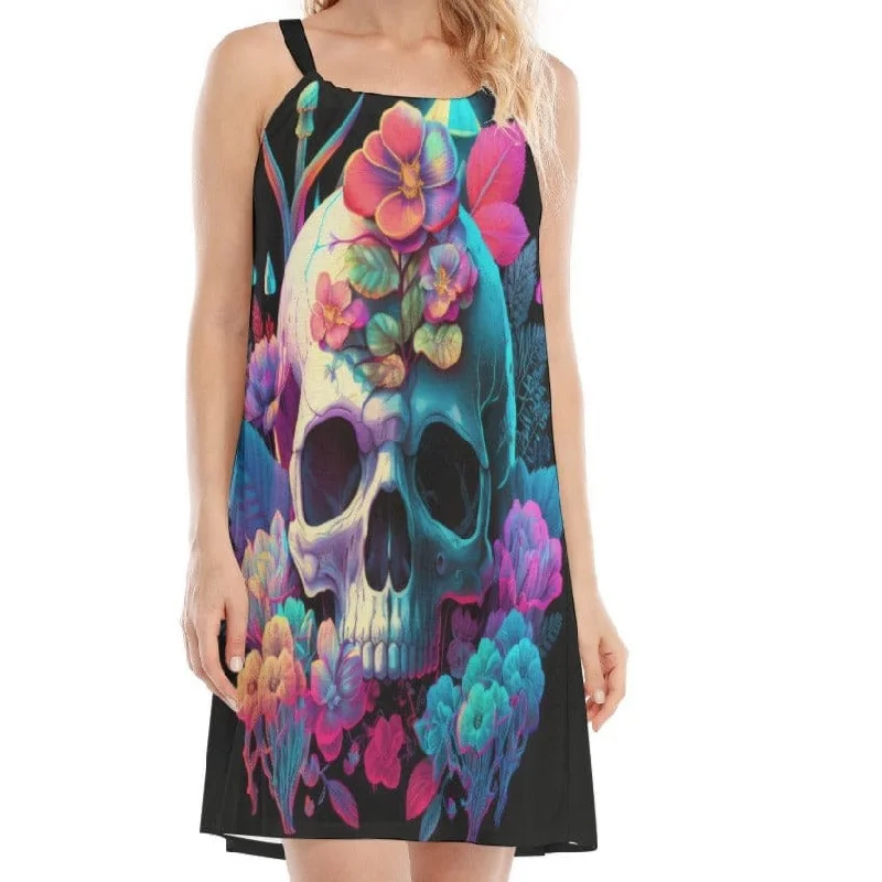 Current Trends Women's Bright Color Skull & Flowers O-neck Cami Dress