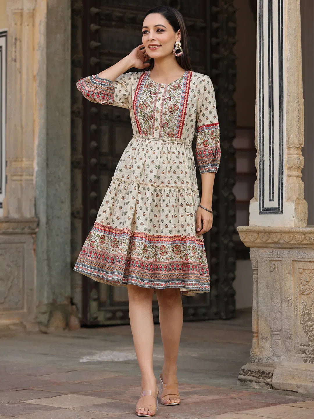Women's Weekend Outfit Juniper Women's Beige Cambric Printed Flared Dress