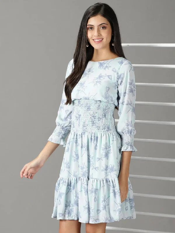 Charming Women's Garments Women's Sea Green Printed Fit and Flare Dress-AE-15876-Seagreen