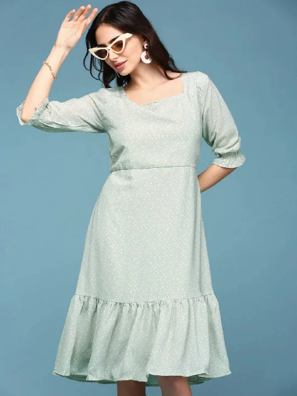 High Street Women's Fashion for Trendy Shoppers Women's Green Printed Fit and Flare Dress-AE-15847-Green