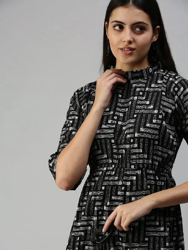 Trendy Online Boutiques Women's Black Geometric A-Line Dress-AE-9924-Blackwhite