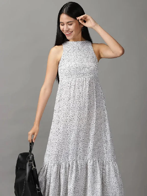 Women's Athletic Garments Women's White Printed Fit and Flare Dress-AE-15670-White