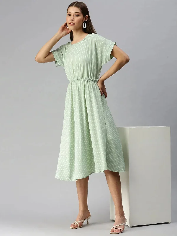 Women's Garments Women's Green Striped Fit and Flare Dress-AE-9873-Green