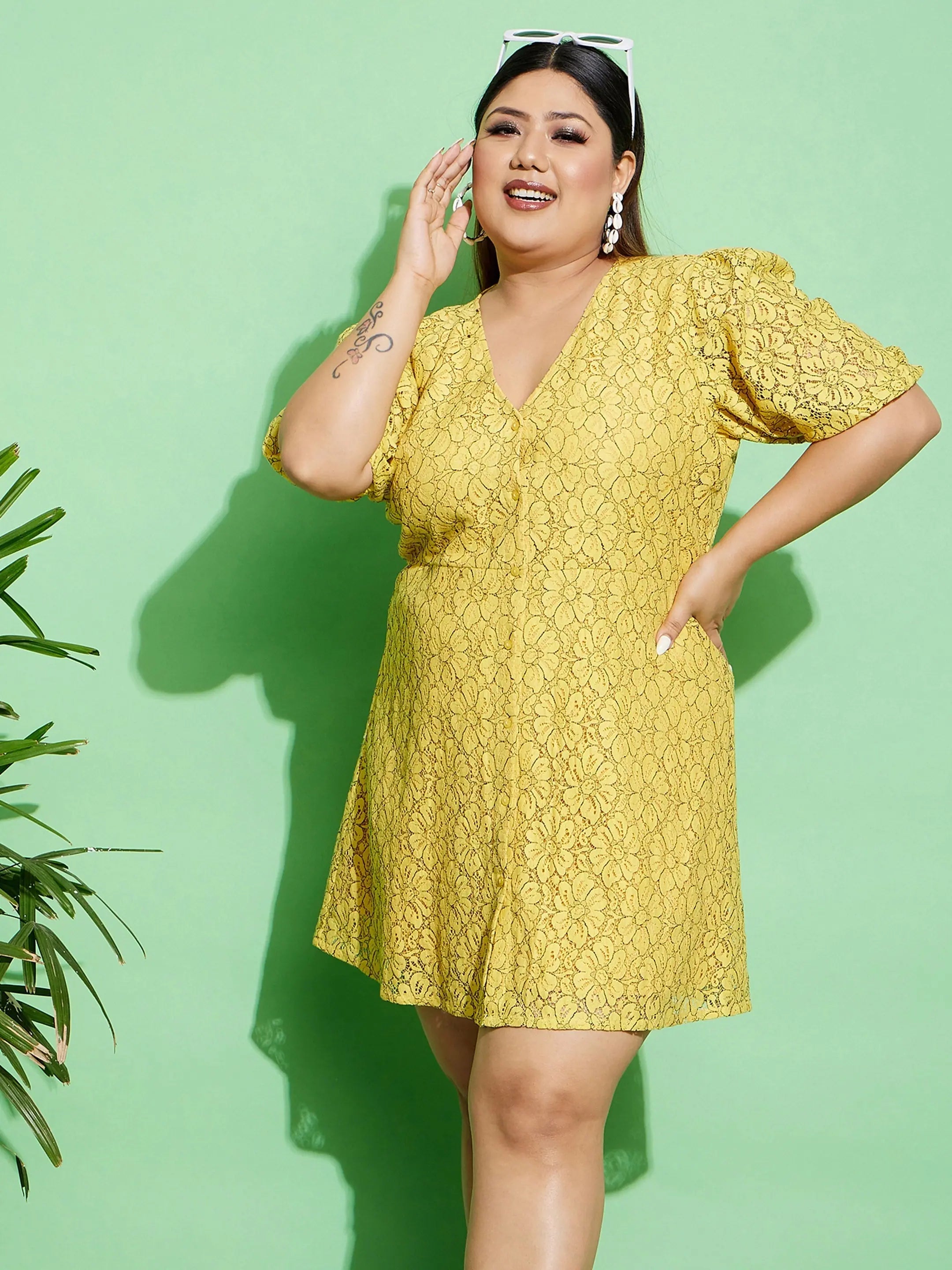 Feminine Dresses for Women in Bold Prints Women Yellow Lace Front Button Dress